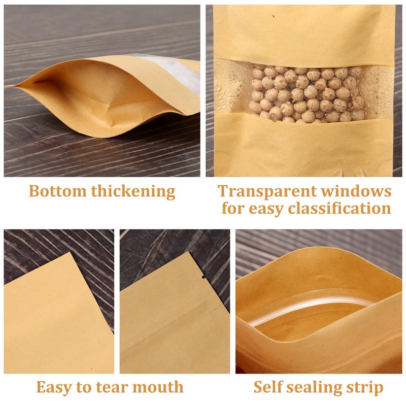 ENNIYU 100 Pcs Resealable bags, 3.5" x 5.5" Sealable Stand Up Kraft Paper Bags with Matte Window, Zip Lock Food Storage Bags for Packaging Products - Image 3