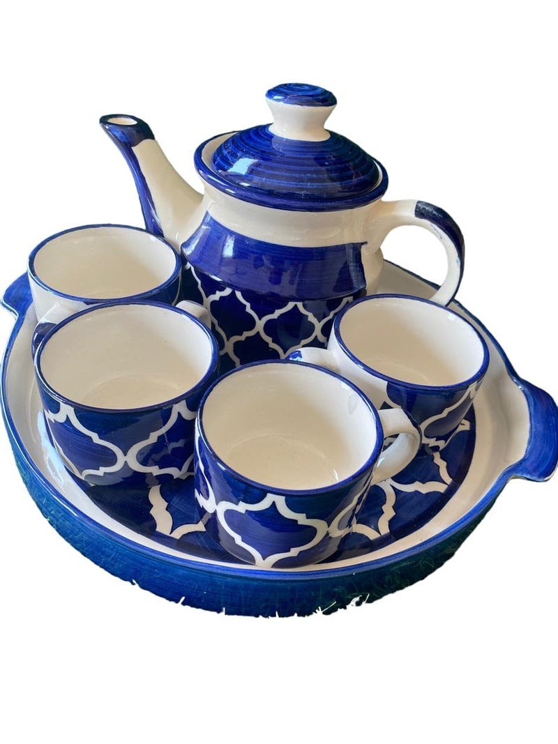 The Xstore طقم غلاية شاي سيراميك مطلي يدويًا | طقم شاي صباحي | 1 غلاية (600 مل) | 1 صينية | 4 أكواب شاي (180 مل) | آمن للاستخدام في الميكروويف (أزرق) - Image 1