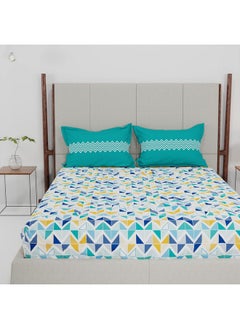 Trident Trident Bedsheet Set - Urban Comfort Collection, 100% Cotton Bedsheet for Double Bed (1 Queen Size Bedsheet with 2 Pillow Covers) Superior Softness, 144 Thread Count - Trippy Triangles Blue  - Image 1
