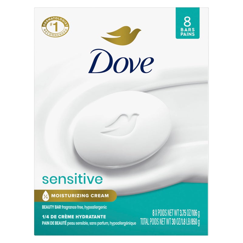 Dove Beauty Bar Soap Sensitive, 8 Bars for Sensitive Skin, Fragrance Free and Hypoallergenic 3.75 oz - Image 1