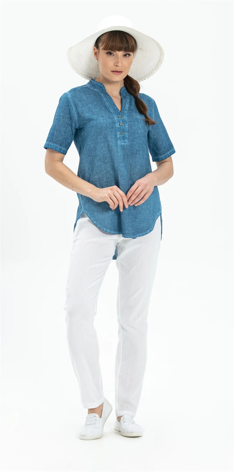 Eliş Şile Bezi Short Sleeve Şile Cloth Acacia Blouse Jeans Blue Ktmv