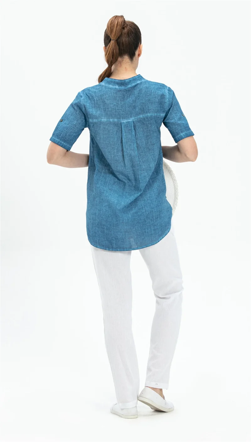 Eliş Şile Bezi Short Sleeve Şile Cloth Acacia Blouse Jeans Blue Ktmv