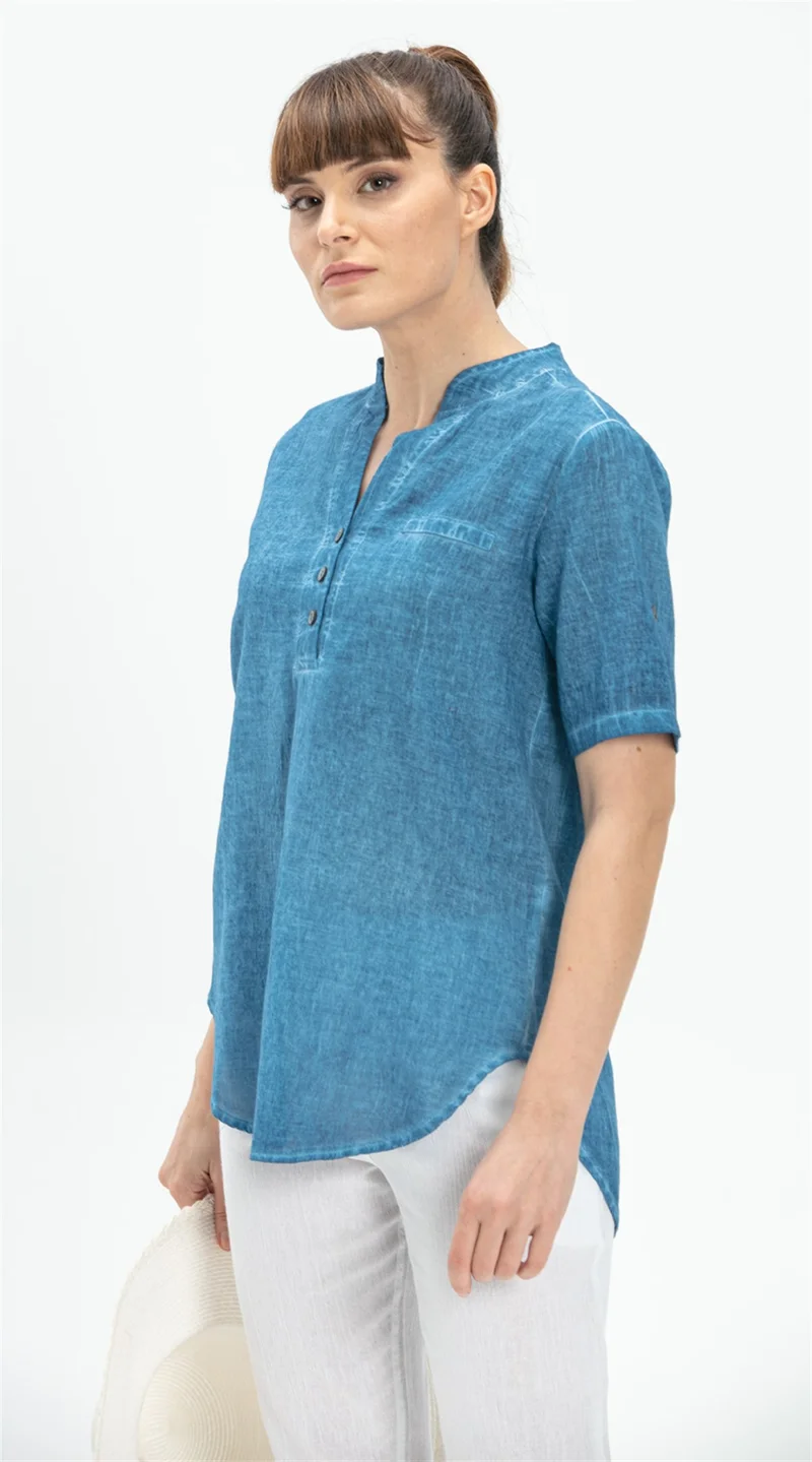 Eliş Şile Bezi Short Sleeve Şile Cloth Acacia Blouse Jeans Blue Ktmv