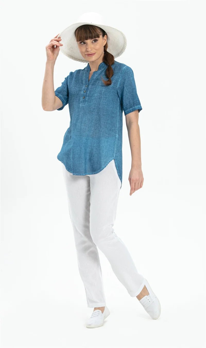 Eliş Şile Bezi Short Sleeve Şile Cloth Acacia Blouse Jeans Blue Ktmv