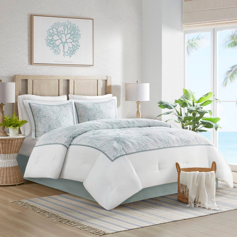 Harbor House Cotton Comforter Set - Coastal Oceanic Sealife Design, All Season Down Alternative Bedding with Matching Shams, Bedskirt, Maya Bay, Seafoam Blue Queen(92"x96") 4 Piece - Image 1
