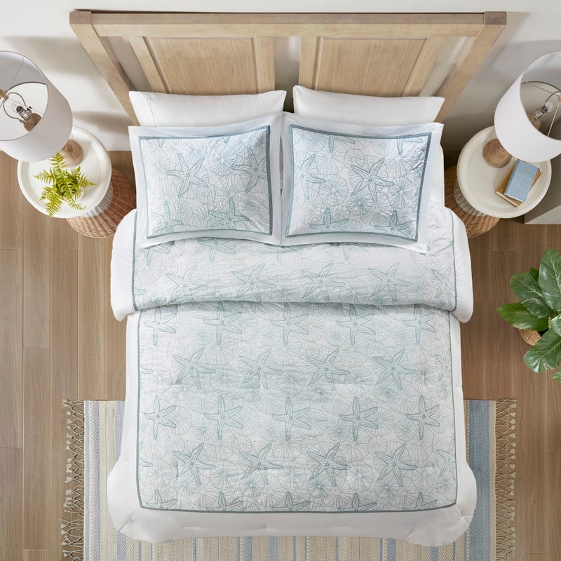 Harbor House Cotton Comforter Set - Coastal Oceanic Sealife Design, All Season Down Alternative Bedding with Matching Shams, Bedskirt, Maya Bay, Seafoam Blue Queen(92"x96") 4 Piece - Image 4