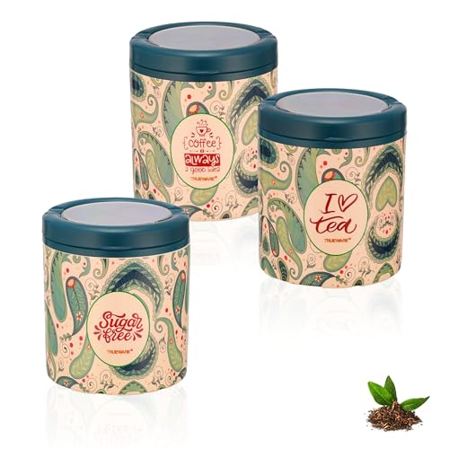 Trueware Lift up STC Container | Set of 3 | Green | Tea, Sugar & Coffee Container | 750 ML Each | Plastic Body | Air tight | BPA Free | Food Grade | Kitchen Multipurpose Container | See Through Lid - Image 1
