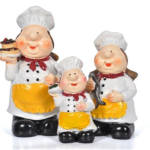 UNIVERSE LIGHTS UNIVERSE LIGHTS Women Chef Figurine Set of 3 Holding Watermelon Fish Cake White and Yellow Resin  - Image 1
