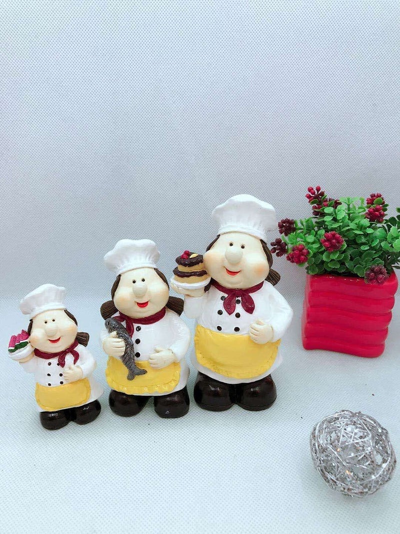 UNIVERSE LIGHTS UNIVERSE LIGHTS Women Chef Figurine Set of 3 Holding Watermelon Fish Cake White and Yellow Resin  - Image 3