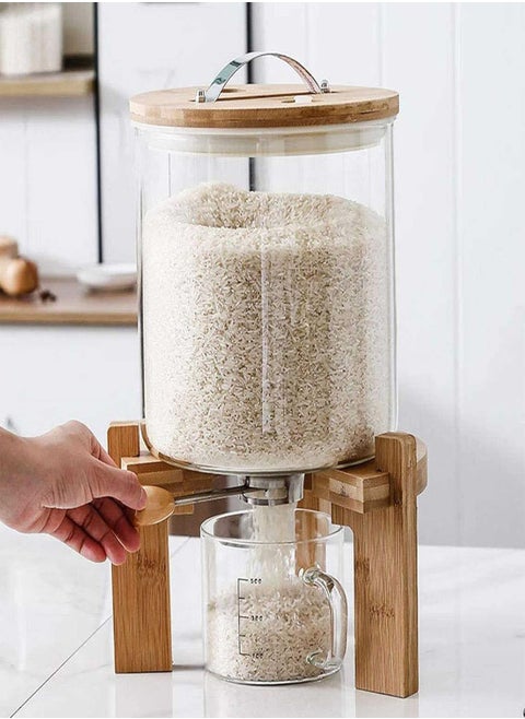 Borosilicate Glass Rice Dispenser with Wooden Stand - 5L/8L Flour and Cereal Container with Airtight Bamboo Lid, Glass Measuring Cup, and Multipurpose Storage for Kitchen (8L)