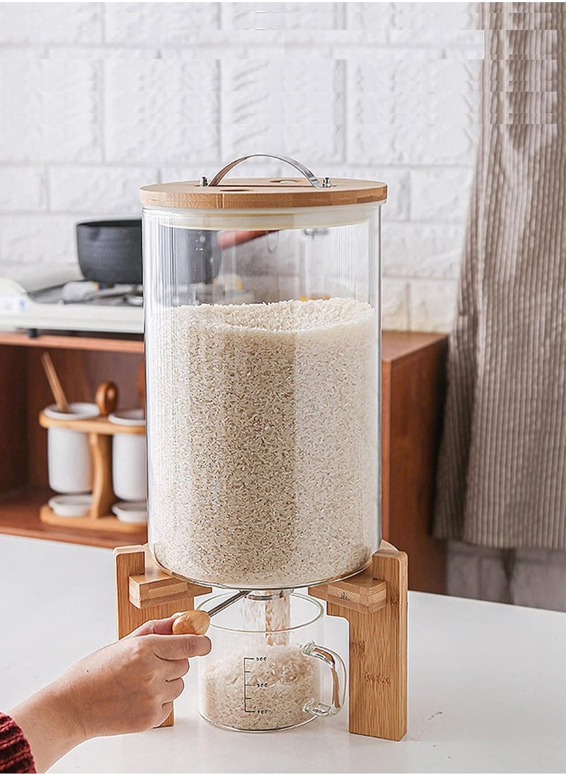 Borosilicate Glass Rice Dispenser with Wooden Stand - 5L/8L Flour and Cereal Container with Airtight Bamboo Lid, Glass Measuring Cup, and Multipurpose Storage for Kitchen (8L)