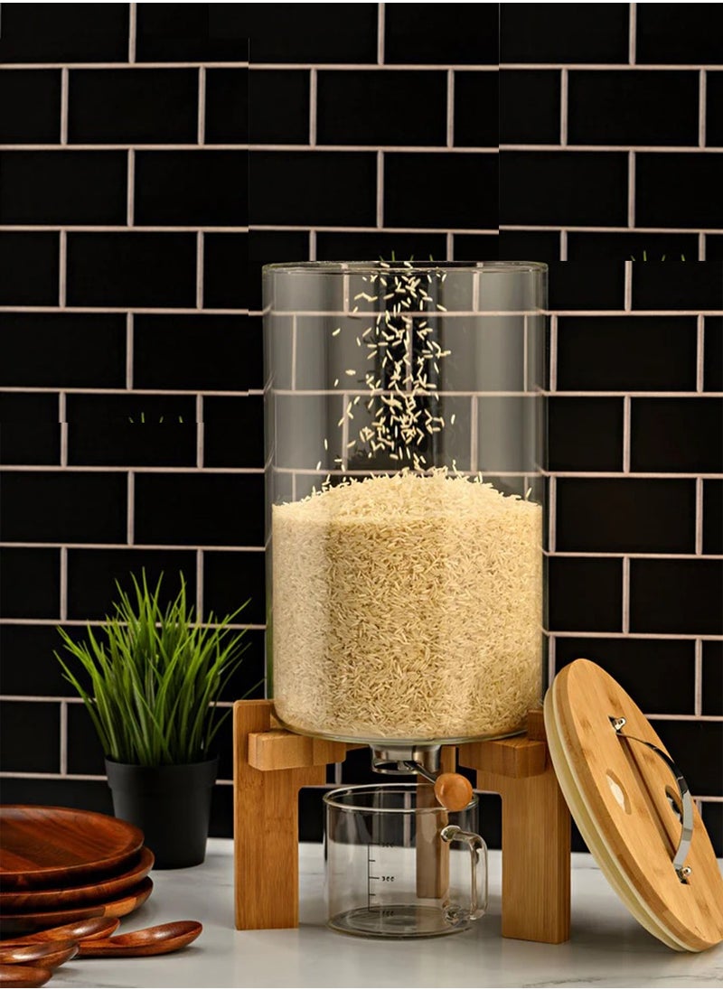 Borosilicate Glass Rice Dispenser with Wooden Stand - 5L/8L Flour and Cereal Container with Airtight Bamboo Lid, Glass Measuring Cup, and Multipurpose Storage for Kitchen (8L)