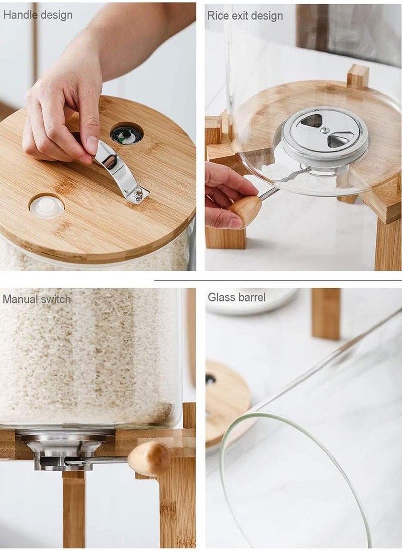 Borosilicate Glass Rice Dispenser with Wooden Stand - 5L/8L Flour and Cereal Container with Airtight Bamboo Lid, Glass Measuring Cup, and Multipurpose Storage for Kitchen (8L)