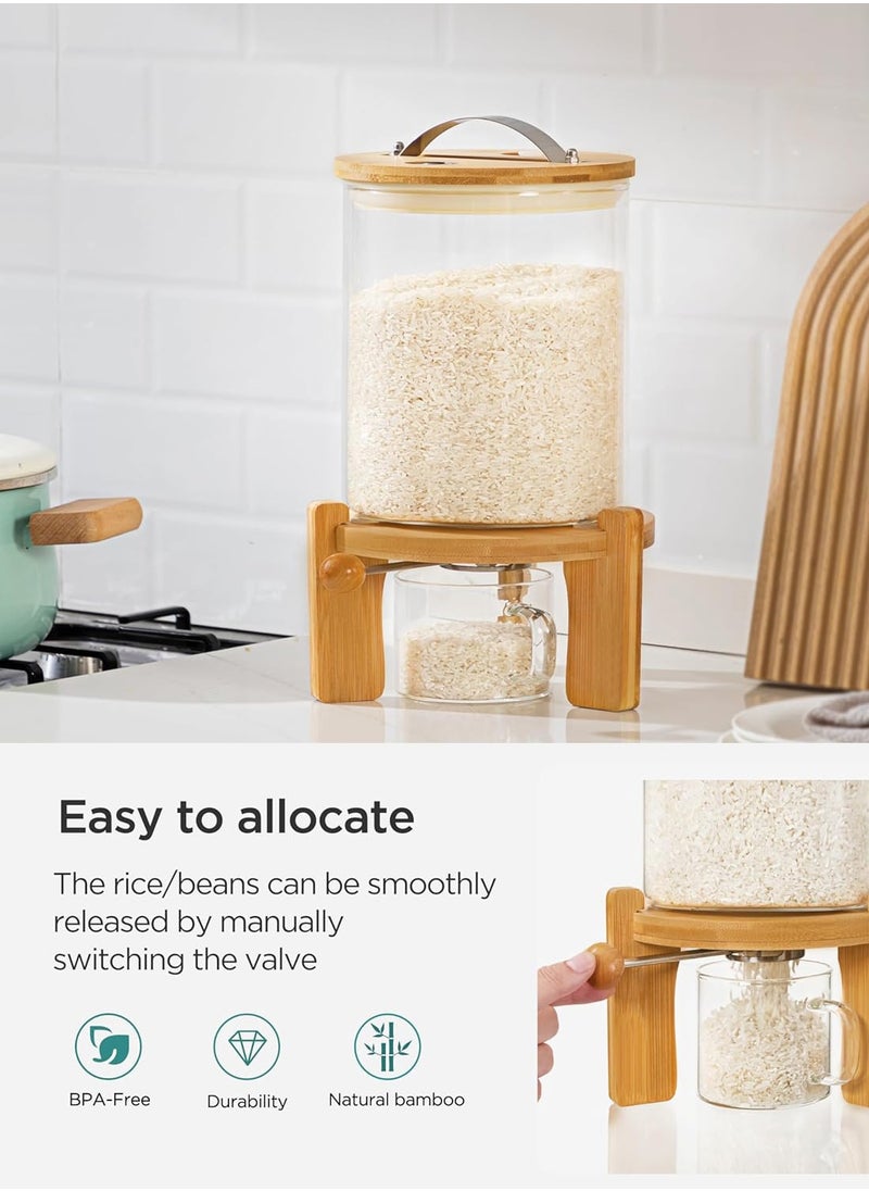 Borosilicate Glass Rice Dispenser with Wooden Stand - 5L/8L Flour and Cereal Container with Airtight Bamboo Lid, Glass Measuring Cup, and Multipurpose Storage for Kitchen (8L)