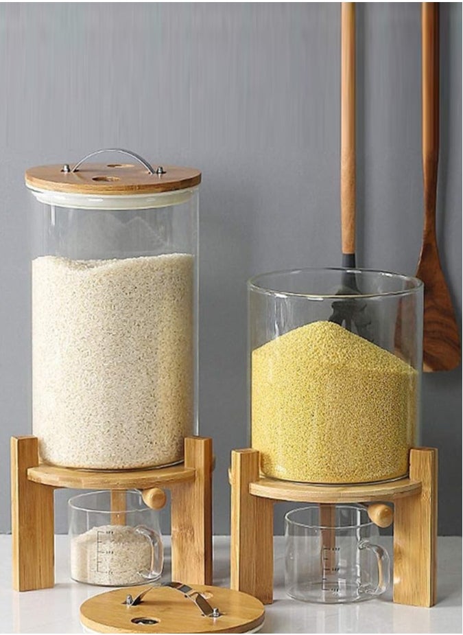Borosilicate Glass Rice Dispenser with Wooden Stand - 5L/8L Flour and Cereal Container with Airtight Bamboo Lid, Glass Measuring Cup, and Multipurpose Storage for Kitchen (8L)