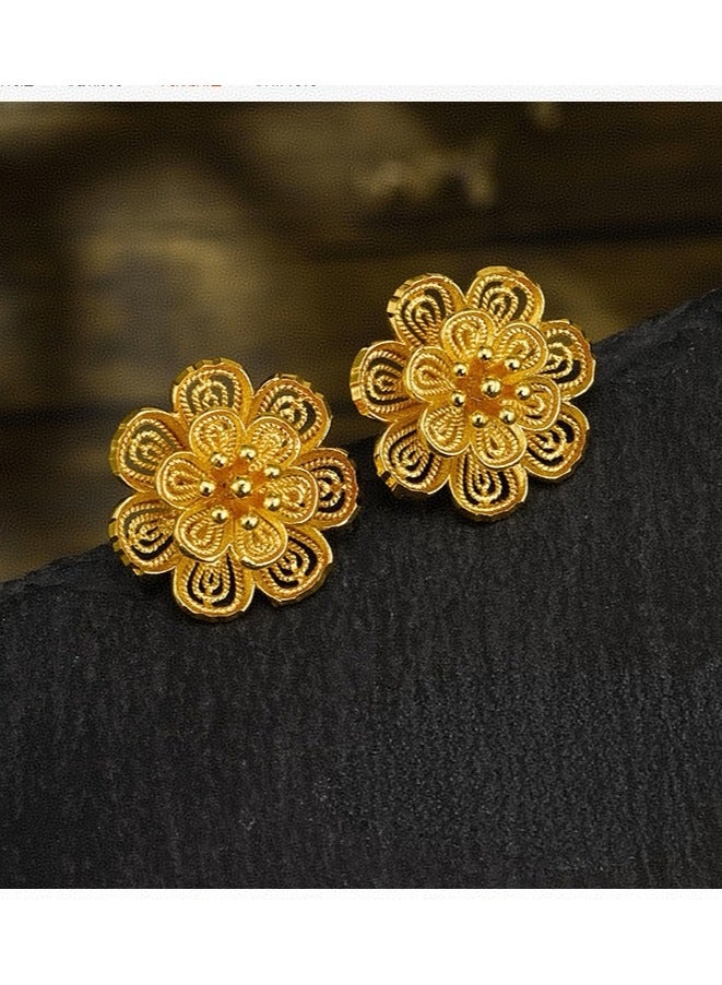 Elegant Gold-Tone Filigree Stud Earrings - Intricate Flower Design with Textured Finish, Traditional Style for Special Occasions and Cultural EventsElegant Gold-Tone Filigree Stud Earrings - Intricate Flower Design with Textured Finish, Traditional Style for Special Occasions and