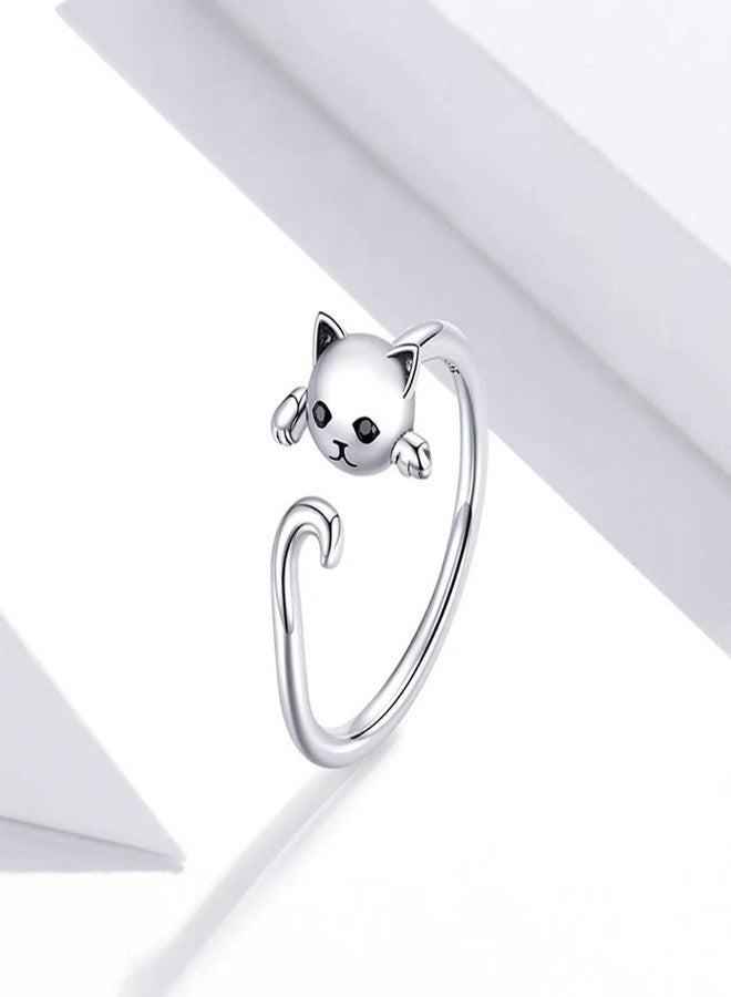Qings Lovely Cat Adjustable Ring 925 Sterling Cubic Zirconia Animal Ring Silver Simple Cute Pet Kitty Wrap Stackable Statement Wedding Engagement Finger Rings Fashion Jewelry Gifts for Women - Image 2
