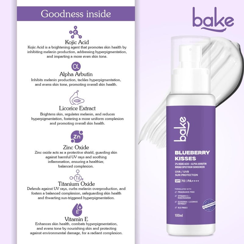 BAKE واقي شمس بايكي 100 مقاوم للماء بمعامل حماية SPF 70 PA مع 2 حمض كوجيك ألفا أربوتين نياسيناميد لإزالة التصبغات والبقع الداكنة وتفتيح البشرة واسع الطيف خالي من البقع البيضاء خفيف الوزن 100 جرام - Image 5