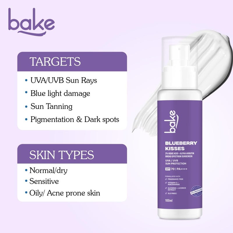 BAKE واقي شمس بايكي 100 مقاوم للماء بمعامل حماية SPF 70 PA مع 2 حمض كوجيك ألفا أربوتين نياسيناميد لإزالة التصبغات والبقع الداكنة وتفتيح البشرة واسع الطيف خالي من البقع البيضاء خفيف الوزن 100 جرام - Image 4