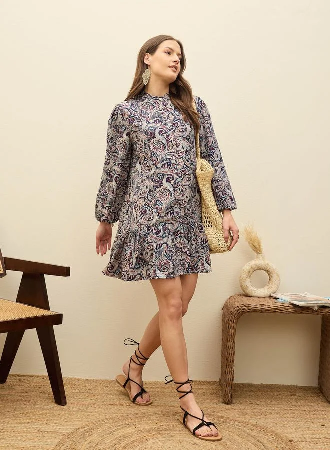 SASSAFRAS Sassafras Blue Paisley Print Shirt Mini Dress