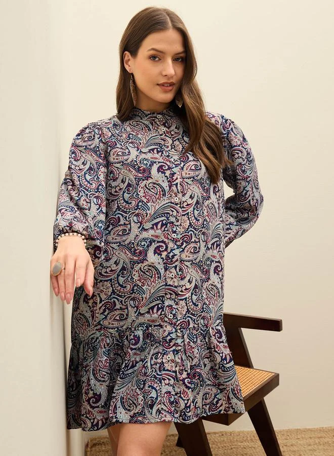SASSAFRAS Sassafras Blue Paisley Print Shirt Mini Dress