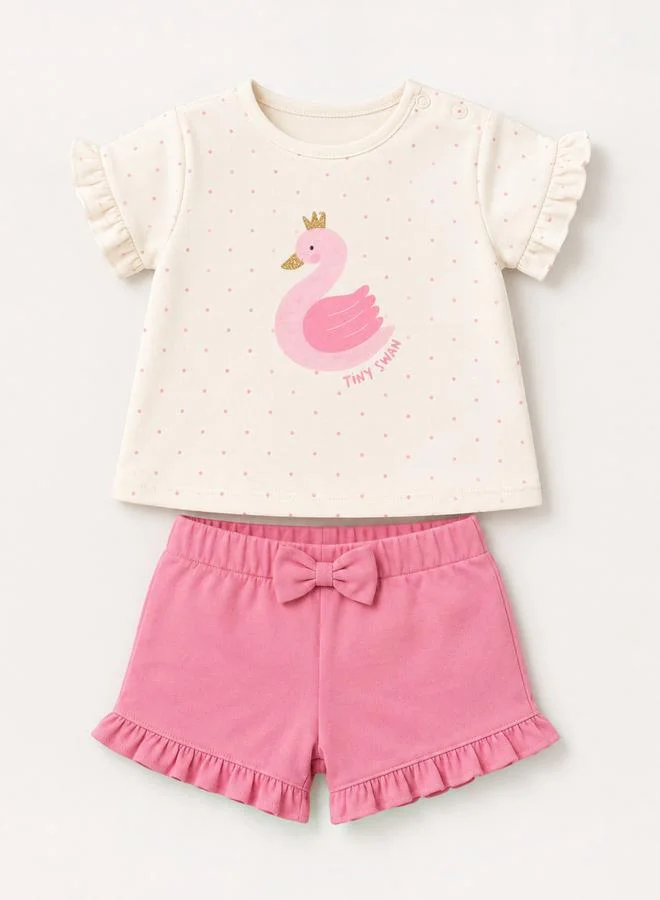 Victor And Jane Swan Print Top and Ruffle Shorts Set