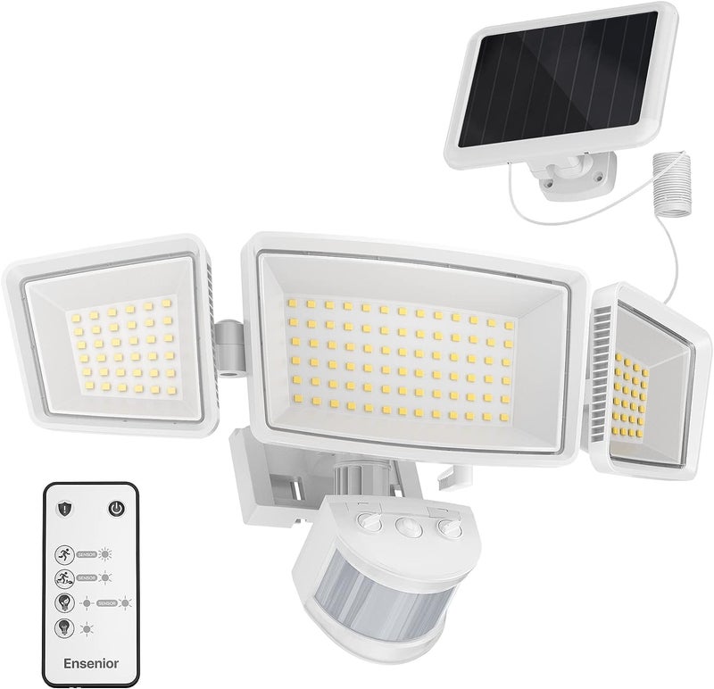 Ensenior 5 Motion Sensor Modes Solar Security Light, 1800LM 270° Wide Angle 3 Heads LED Flood Lights, IP65 Waterproof Wall Lights, Separate Solar Panel Remote Control Solar Lights Outdoor - Image 1