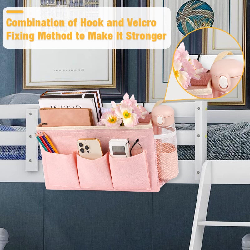 Lilithye Bedside Caddy Bedside Organizer Bedside Storage Caddy With Fixed Straps And Water Bottle Holder For Home College Dorm Bunk Bed Hospital Bed Crib Bed Rails (2Pcs Pink) - Image 2