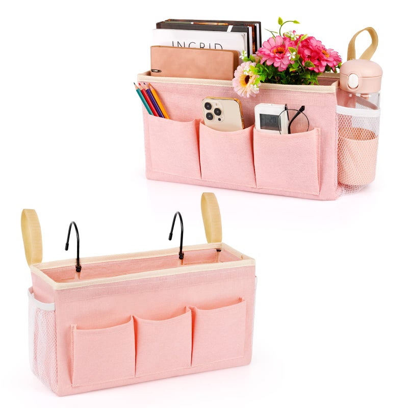 Lilithye Bedside Caddy Bedside Organizer Bedside Storage Caddy With Fixed Straps And Water Bottle Holder For Home College Dorm Bunk Bed Hospital Bed Crib Bed Rails (2Pcs Pink) - Image 1