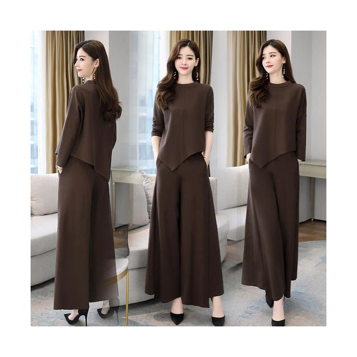 Spring and Autumn New Wide Leg Pants suit Womens Age-reducing Belly-covering Slimming Western Style Casual Elegant Culottes Two-piece Set Grey Coffee - Image 1
