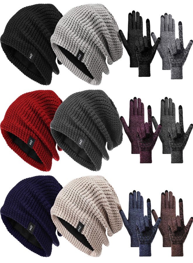 زانماي طقم شتوي مكون من 12 قطعة من القبعات والقفازات، 6 قبعات صوفية سميكة، 6 أزواج من القفازات الدافئة التي تعمل باللمس للرجال والنساء، مناسب للأنشطة الخارجية - Image 1