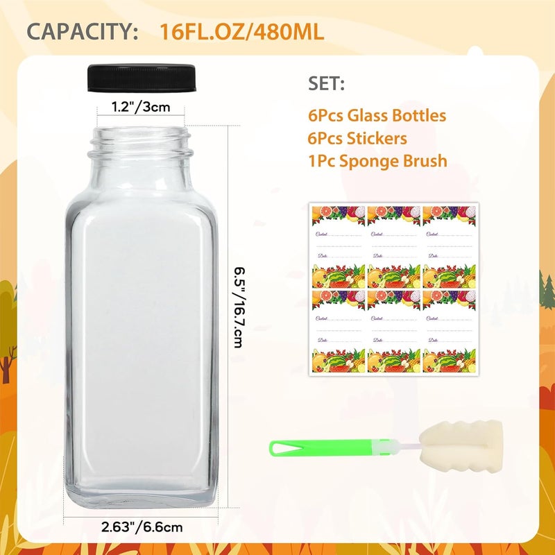 AuroTrends 16 oz Glass Bottles with Lids - 6Pack, 480ml Glass Juicing Bottles - Portable, Reusable - Set of 6 - Image 4