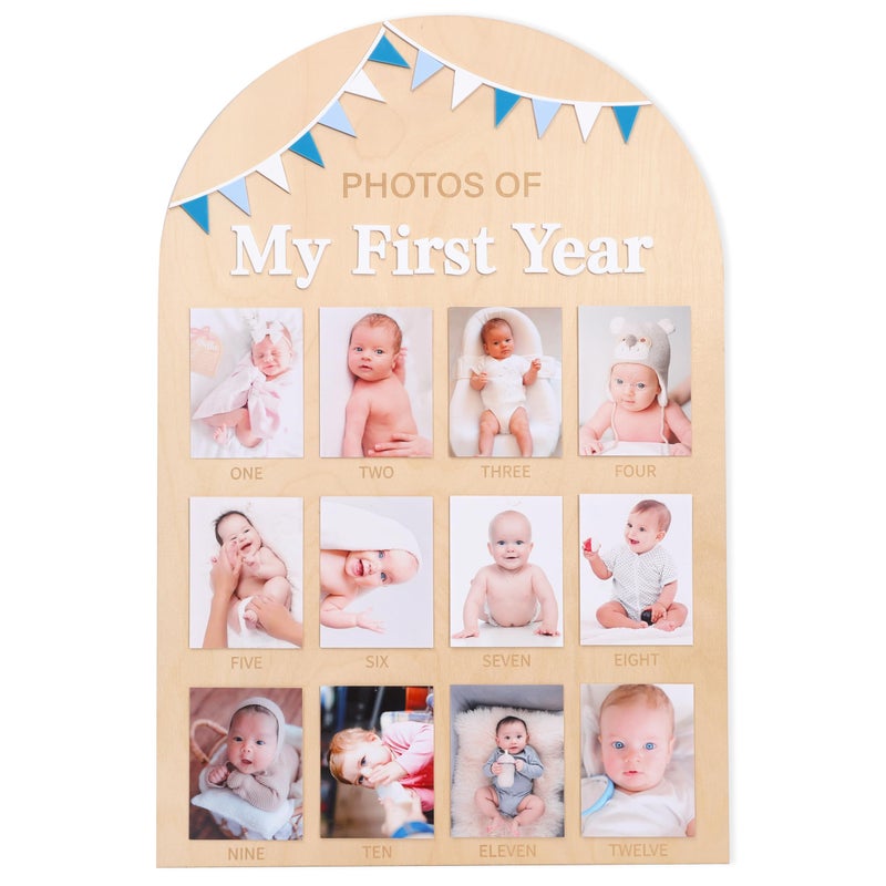 Jissoo Photos of My First Year Wood Board - Newborn 1 to 12 Months Photo Display,1st Birthday Growth Photos Record Sign,Monthly Milestone Photo Board,Rustic Keepsake Nursery Decorations - Image 1