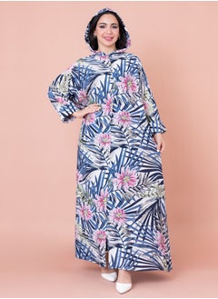 اكسا جلابية منقوشة زهور بقبعة IN1030 ازرق  - Image 1