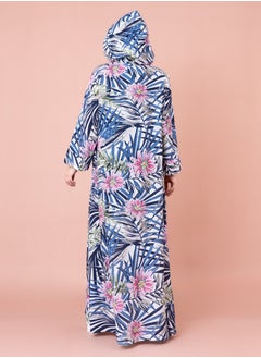اكسا جلابية منقوشة زهور بقبعة IN1030 ازرق  - Image 4