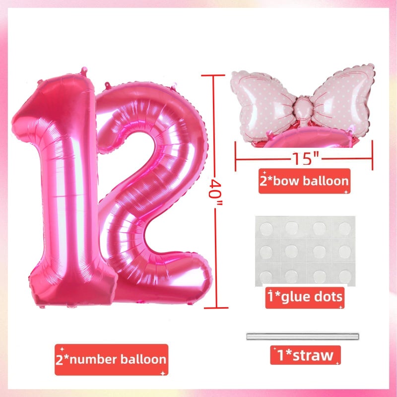 Kwuz 40 Inch Pink Number 12 Balloon with Mini Bow Balloons for Girls 12th Birthday Party Decoration, Pink Princess Western Cowgirl Theme Sweet Twelve Birthday Party Balloons Decorations Supplies Decor - Image 5