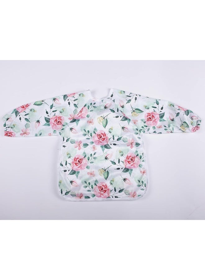 Sigzagor Baby Bib Sleeved Shirt With Pocket 1-3 years old Toddler Drawing (Pink Flowers Rose) - Image 2