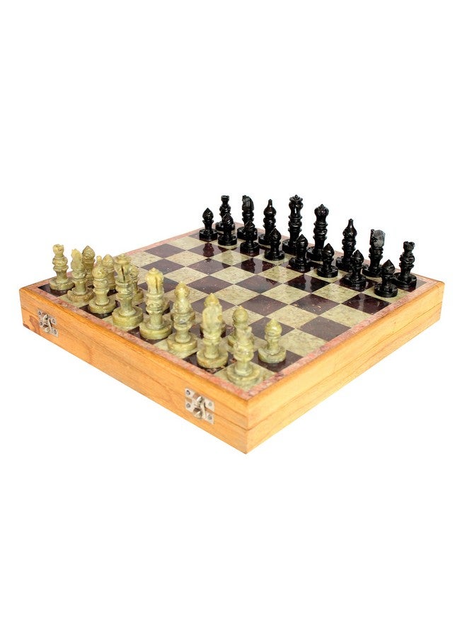 StonKraft 10" Handcarved Chess Board with Wooden Base & Stone Inlaid Work - Chess Game Board Set with Handcrafted Natural Stone Piece with Free Chess Set,for-All Ages, All Ages, Brown - Image 1