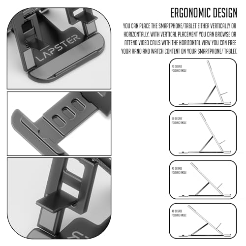 ls lapster Lapster Black Desktop Foldable Mobile and Tablet Holder, Designed with ABS Material, Offers Multiple Viewing Angles and Features Anti-Slip Strips for Added Stability-Black. - Image 3