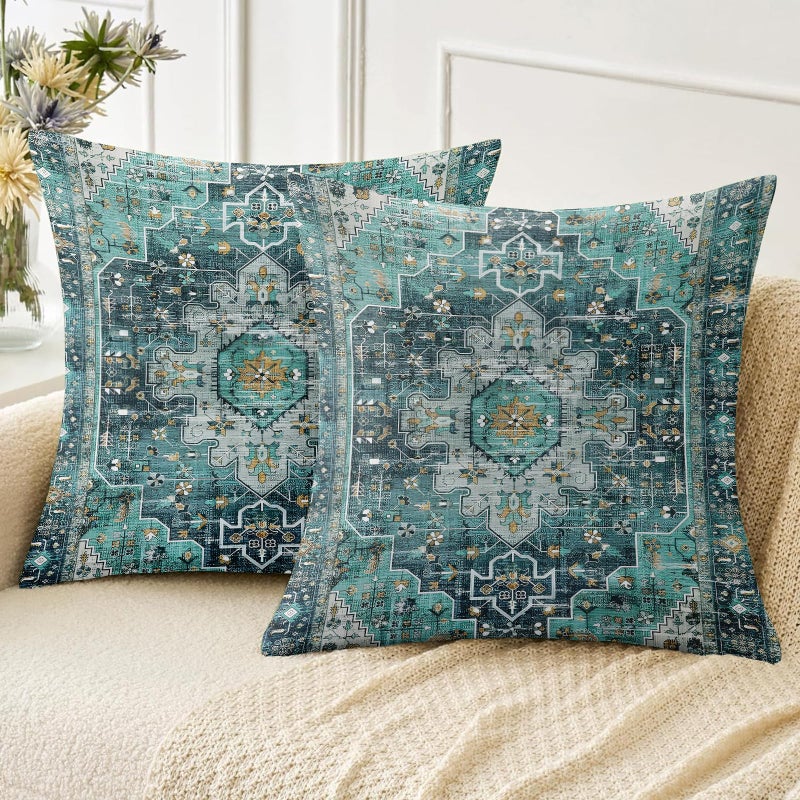 ZSYTZL أغطية وسائد ZSYTZL بنمط بوهيمي، مقاس 18×18 بوصة، طقم من قطعتين، أغطية وسائد ناعمة بنمط سجادة بوهيمية، غطاء وسادة مربع مزخرف لغرفة المعيشة أو الأريكة أو السرير - أزرق سماوي - Image 1