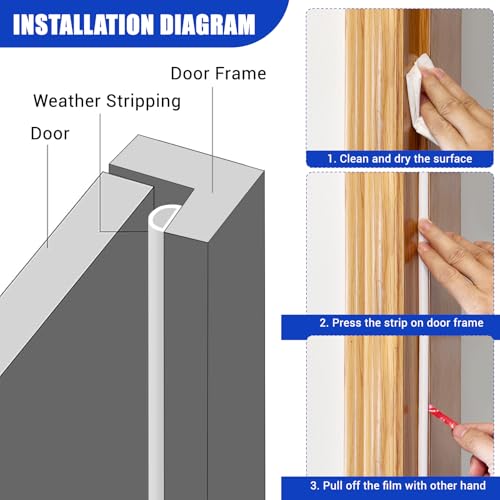 Protalwell Weather Stripping Door Seal Self Adhesive Door Weather Strip Silicone D Shaped Seal Strip for Door Frame/Window Seal, 20Ft, White (3/8" W × 1/4" T) - Image 3