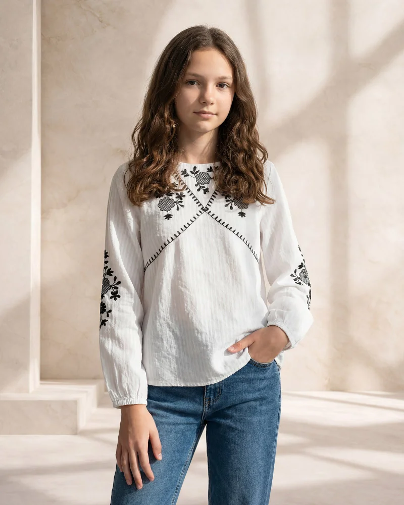 Redtag Senior Girls Off White Embroidered Casual Blouse