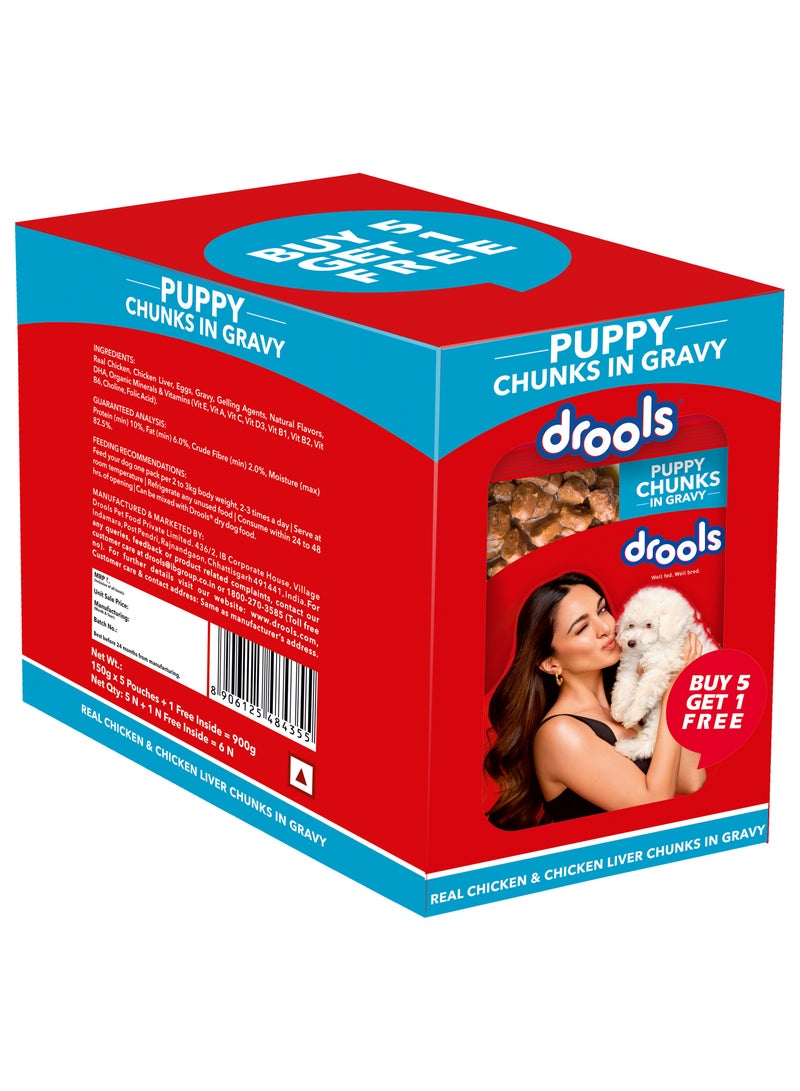 Drools Puppy Chicken & Chicken Liver Chunks Gravy  Wet Food  5+1 pack free 6 x 150 g  - Image 1