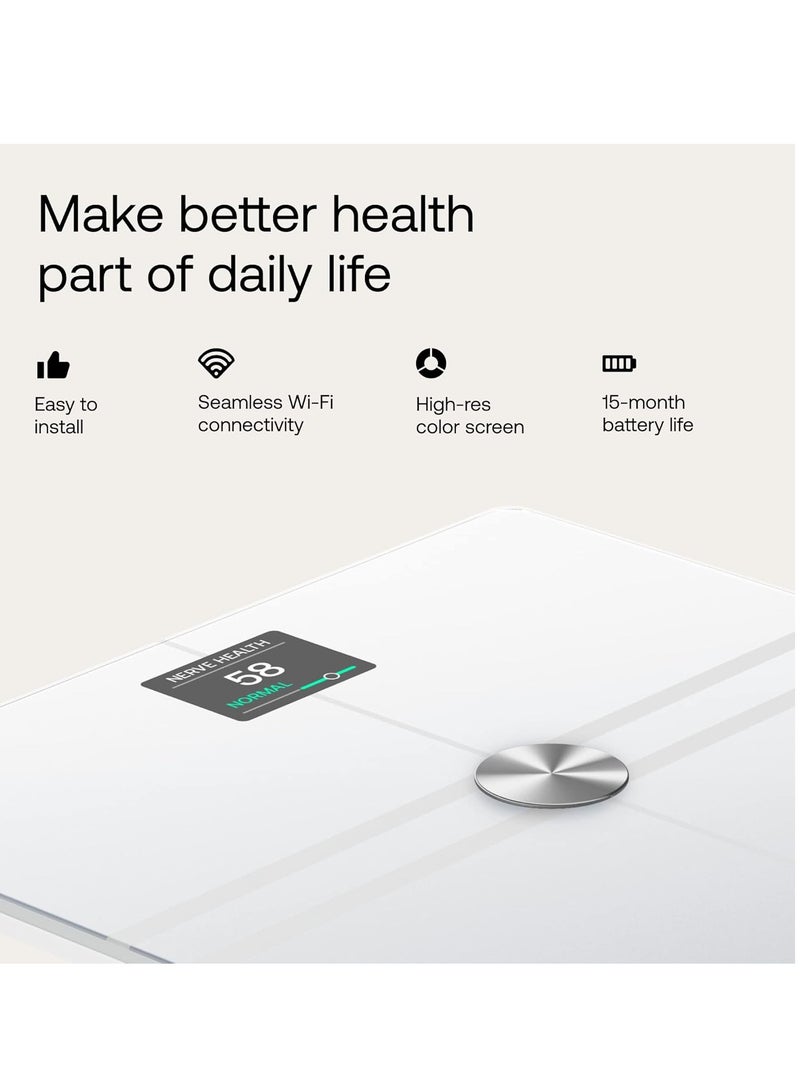 ويذينجز ميزان الجسم الرقمي الذكي - ميزان الجسم الذكي المتقدم مع تكوين الجسم - مؤشر كتلة الجسم، قراءات الدهون الحشوية، تقييم صحة القلب والأوعية الدموية والأعصاب، عمر البطارية يصل إلى 15 شهرًا وما يصل إلى 8 مستخدمين - أبيض. - Image 2