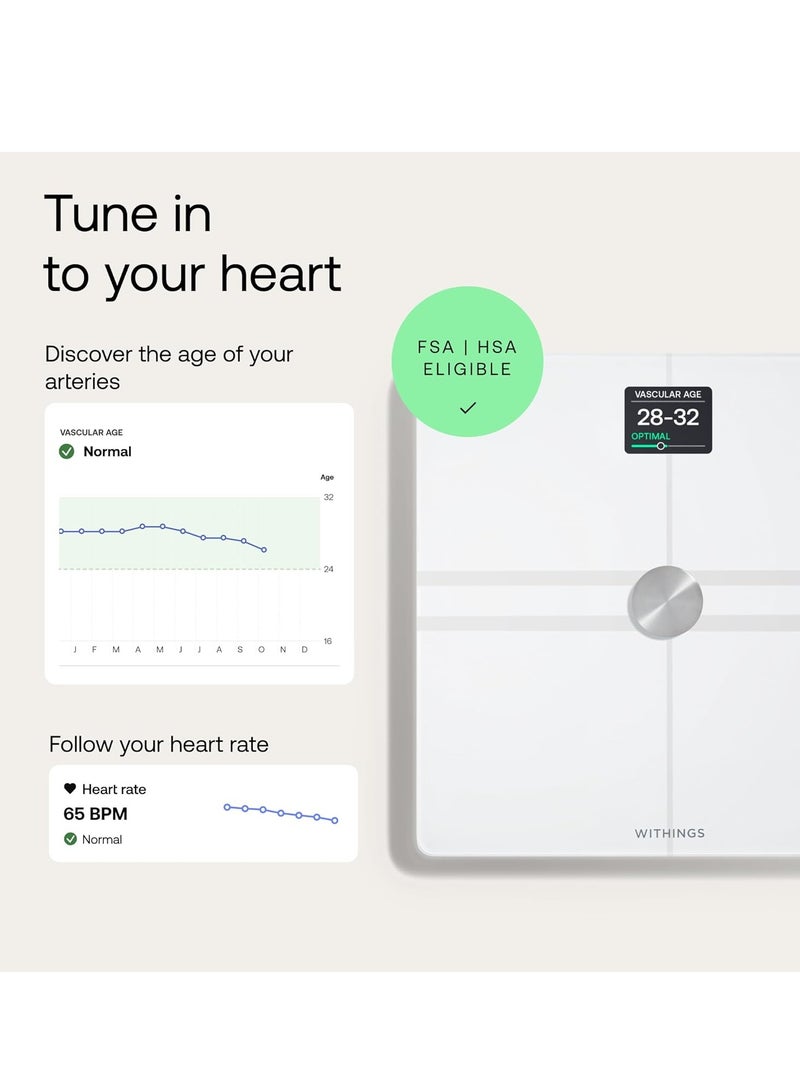 ويذينجز ميزان الجسم الرقمي الذكي - ميزان الجسم الذكي المتقدم مع تكوين الجسم - مؤشر كتلة الجسم، قراءات الدهون الحشوية، تقييم صحة القلب والأوعية الدموية والأعصاب، عمر البطارية يصل إلى 15 شهرًا وما يصل إلى 8 مستخدمين - أبيض. - Image 4