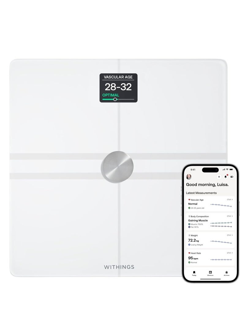 ويذينجز ميزان الجسم الرقمي الذكي - ميزان الجسم الذكي المتقدم مع تكوين الجسم - مؤشر كتلة الجسم، قراءات الدهون الحشوية، تقييم صحة القلب والأوعية الدموية والأعصاب، عمر البطارية يصل إلى 15 شهرًا وما يصل إلى 8 مستخدمين - أبيض. - Image 1