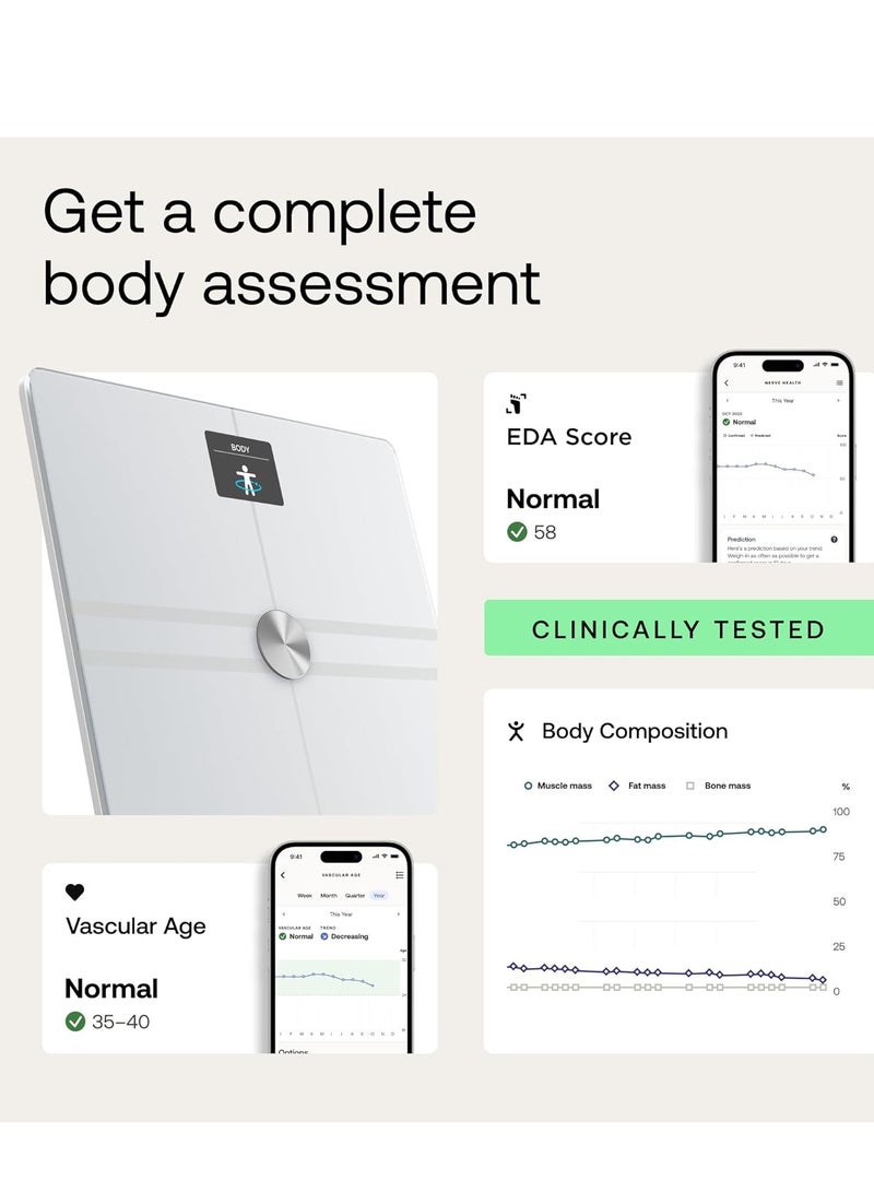 ويذينجز ميزان الجسم الرقمي الذكي - ميزان الجسم الذكي المتقدم مع تكوين الجسم - مؤشر كتلة الجسم، قراءات الدهون الحشوية، تقييم صحة القلب والأوعية الدموية والأعصاب، عمر البطارية يصل إلى 15 شهرًا وما يصل إلى 8 مستخدمين - أبيض. - Image 5