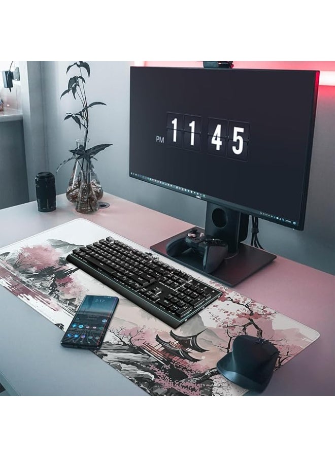 ألوان المائية زهرة الكرز لوحة الماوس الألعاب الكبيرة ، لوحة الماوس الألعاب ، لوحة المكتب الكبيرة ، لوحة المفاتيح الممتدة ووحة الماوس ، قاعدة غير انزلاق وحواف مخيطة ، للمكتب ، المكتب المنزلي ، 31.5 × 11.8 بوصة - Image 3