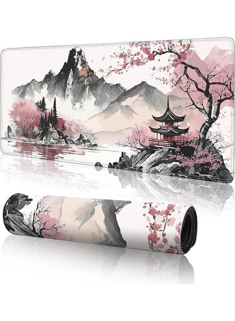Watercolor Cherry Blossom Large Gaming Mouse Pad, Gaming Mouse Pad, Large Desk Pad, Extended Keyboard and Mouse Pad, Non-Slip Base and Sewn Edges, For Desk, Home Office, 31.5 x 11.8 inches