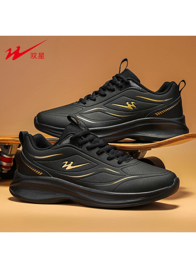 Shuangxing Men's Sports Shoes Leather Waterproof Casual Travel Lightweight Shock Absorption Running Shoes Black Gold Size 40